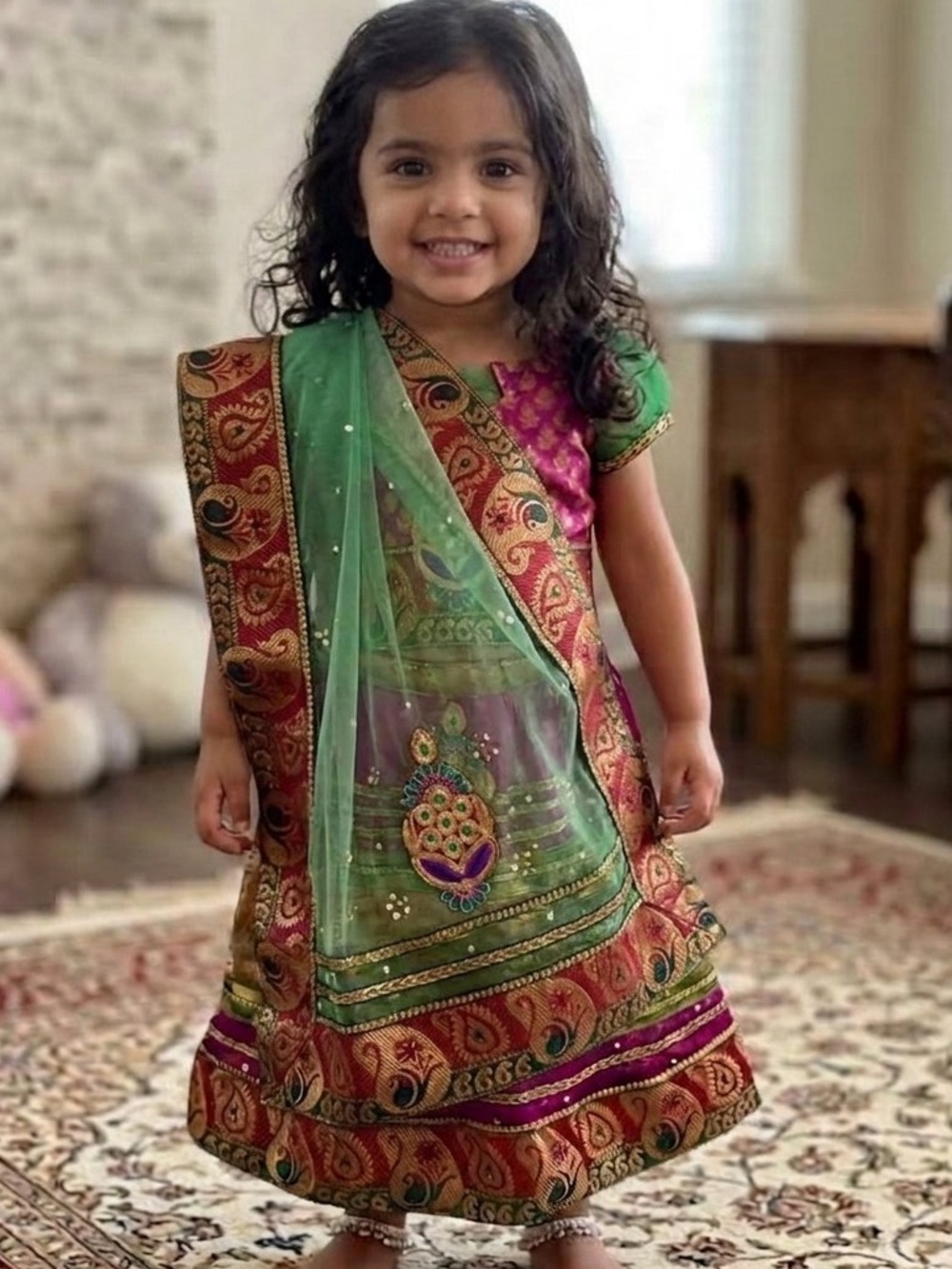 Toddler Girl Indian Lehenga Choli Green Pink Gold Traditional Festive Dress
